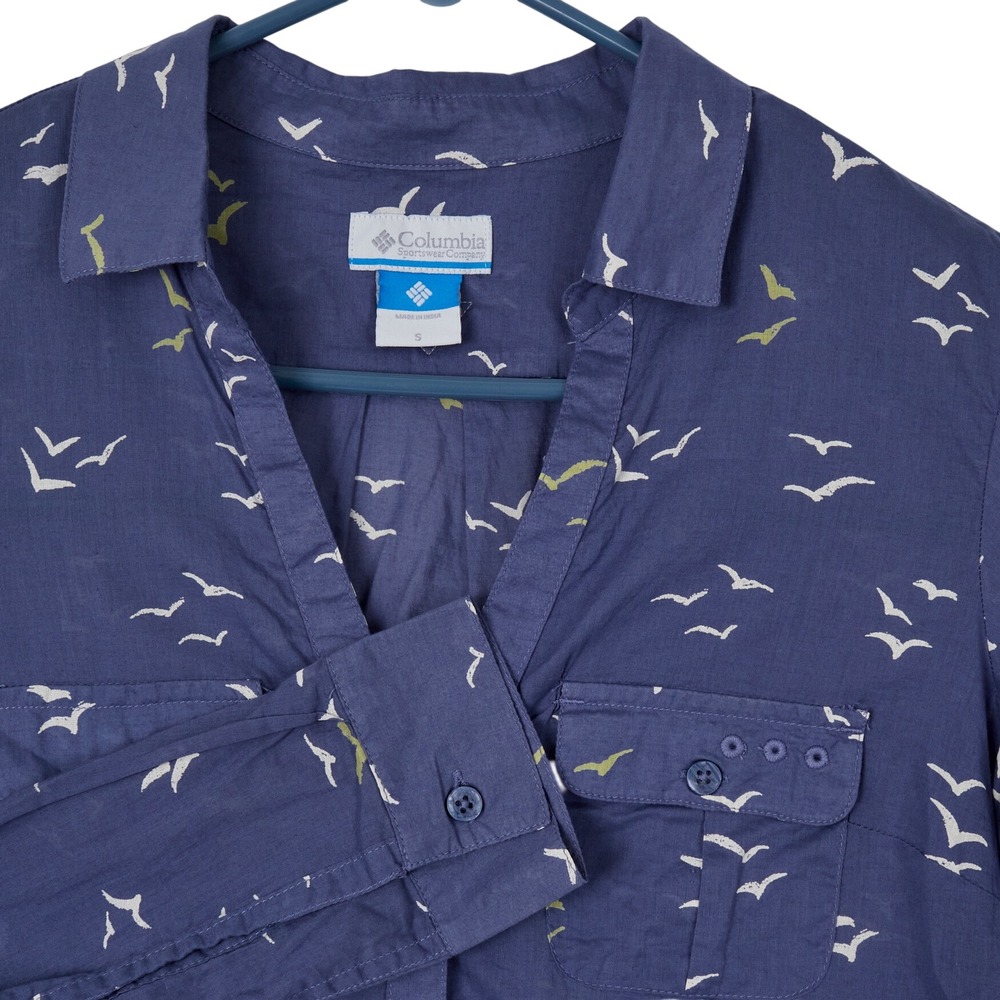 Columbia‎ PFG Shirt Womens Small Blue Bird Print Roll Tab Long Sleeve Cotton